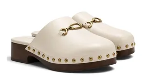 Larroudé Zuzi Ivory Leather Retro Horsebit Clog Mules Studded Wood Heel 6 NWOT thumbnail 1