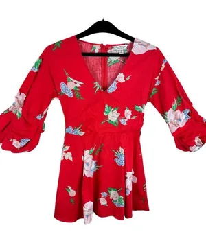 Miss Selfridge Red Floral 3/4 Ruffled Sleeve Fit‎ & Flare Mini Dress Size 2 thumbnail 1