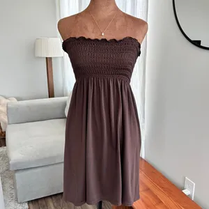 Vintage Swim n Sport Dress Medium Brown Strapless Smocked Y2K Resort Beach Cover thumbnail 2