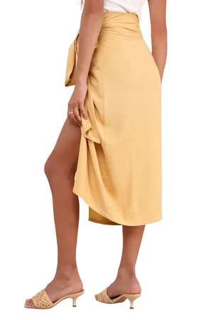 Lulus NWT Breezy Personality Yellow Linen Midi Wrap Skirt Medium thumbnail 3