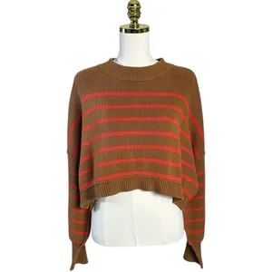 Free People Easy Street Stripe Crop Pullover Sweater Brown Orange Medium thumbnail 7