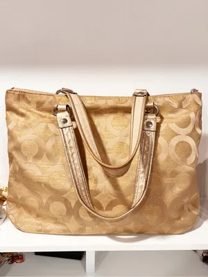Coach 15865 Gold Beige Jacquard Poppy Op Art Glam Tote Handbag Purse Metallic thumbnail 5