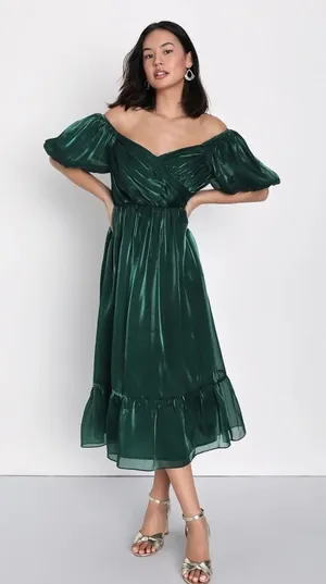 NWOT Lulus Remarkable Sensation Emerald Green Puff Sleeve Tiered Midi Dress Sz S thumbnail 1