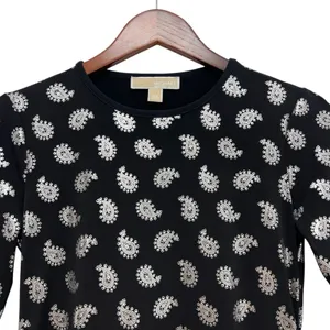 MICHAEL KORS Black/Silver Foil Paisley Flounce Shift Dress Bell Sleeves Size S thumbnail 7