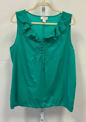 LOFT Emerald Green Ruffle V-Neck Sleeveless Blouse Pleated Bib Top Size Large thumbnail 1