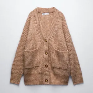 ZARA Patch Pocket Knit Oversized Cardigan Jacket Sweater Outerwear Tan Brown thumbnail 6