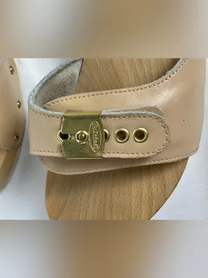 Vintage Dr. Scholl's Pescura Wood Sandals Tan Leather Italy Size 7 Original thumbnail 4