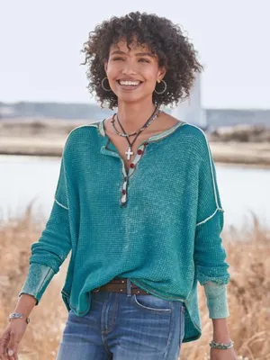 Sundance Gentry Waffle Knit Thermal Henley Top in Blue Women’s Small 100% Cotton thumbnail 1