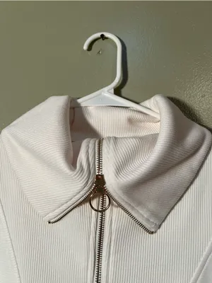 Merokeety Women's Size Large Quarter Zip V Neck Collar Ribbed Sweatshirt Cream thumbnail 6