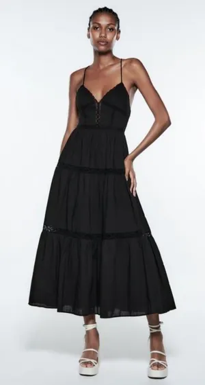 ZARA S Black Lace Midi Dress 100% Cotton Tiered Dark Romance Ruffle Sundress thumbnail 1