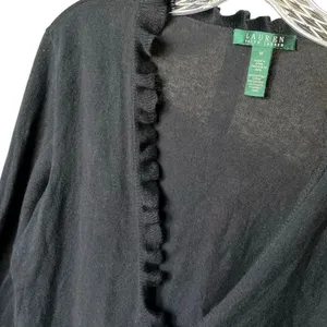 Lauren LRL Black Ruffle V-Neck Cardigan Cashmere Wool Blend Med #763 thumbnail 2