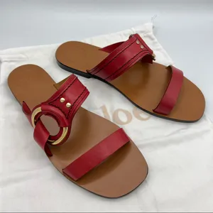 CHLOE Demi Leather Slide Flat Sandals Size EU 39.5 US 9.5 Red Tan Gold hardware thumbnail 3