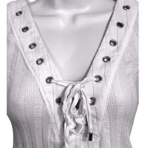 FREE PEOPLE Ivory Ribbed Lace Up Grommet V-Neck 3/4‎ Sleeve Top Size XS thumbnail 3