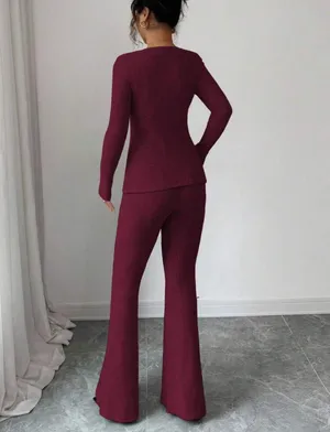 SheIn Burgundy 2 Piece Ribbed Bow Lounge Set thumbnail 3