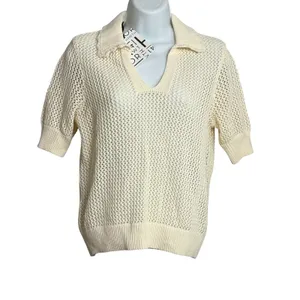41 Hawthorn Womens Ecru Open Knit Cotton Polo Sweater Short Sleeve XS NEW thumbnail 2