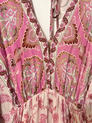 Entro Dolman Sleeve Pink Floral Paisley Boho Tie Tassel V-neck Mini Dress Large thumbnail 4