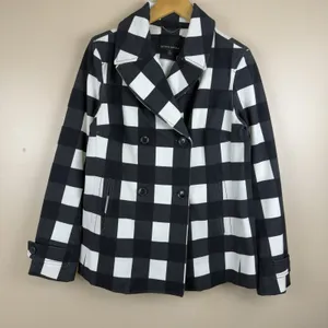 Banana Republic Women’s Plaid Black White Double-Breasted Pea coat Office Size S thumbnail 1