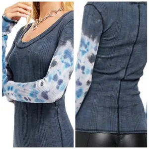 Free People We The Free Top Women S Grey Blue Boho Tie Dye Ribbed Scoop‎ Neck thumbnail 2