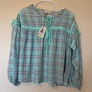 Easel Teal Plaid Blouse with Tie Accents thumbnail 1