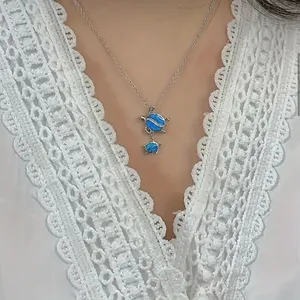 Silver Plated Tear Drop Opal Turtle Parent Child Pendant,‎ Minimalist Necklace thumbnail 3