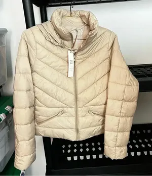 Packable Puffer Quilted Jacket Khaki/Beige Zip Closure Lightweight Hi-Neck thumbnail 1