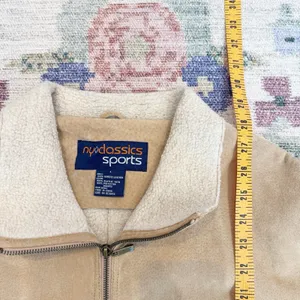 Womens Genuine Leather Suede Shearling Jacket Large Tan Y2K Western Rancher Cozy thumbnail 7