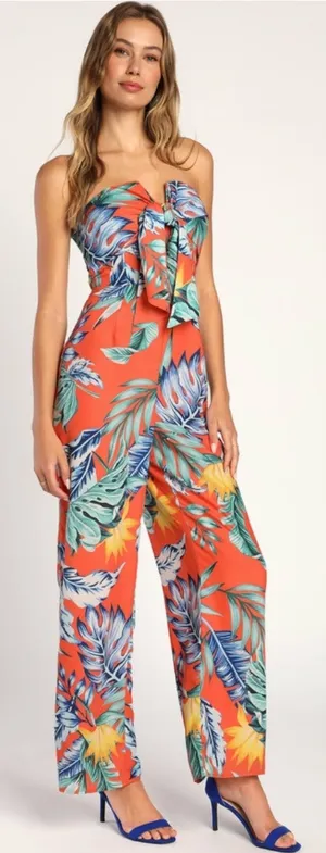 LULU'S Jumpsuit Extra Small Luxe Luau Orange Tropical Floral NWT Strapless Beach thumbnail 1