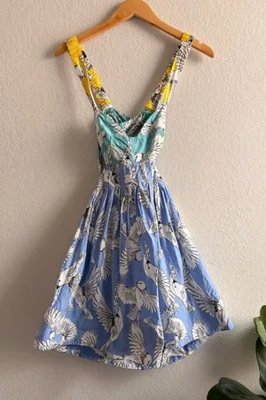 Maeve Anthropologie Mini Dress Sz 0 W Babydoll Blue Bird Print Open Tie Back thumbnail 1