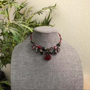 RARE Whimsygoth Vampy Chunky Beaded Bohemian Choker Necklace Charms pendant metallic spiral corded wire red black #Emo #Punk #Cyber #Bondage thumbnail 1