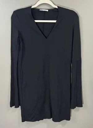 Zara Mini Dress Womens Small S Black Great V-Neck Bell Sleeve Split Cuff TRF thumbnail 1