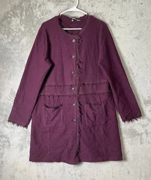Karl Lagerfeld Burgundy Wool Blend Fringe Coat Boho Artisan Statement Large thumbnail 1