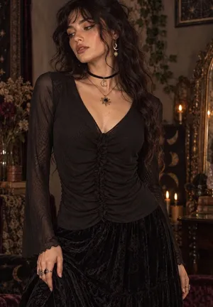 Vtg Y2K Hanky Pany Mesh Ruched Womens Top Sz L Whimsigoth Dark Coquette Sheer thumbnail 1