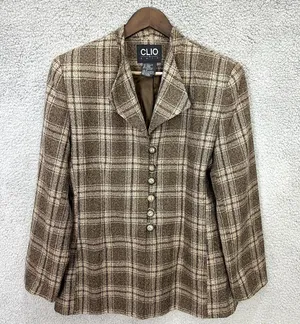 Clio Suit Brown Plaid Blazer Size 12 Academia Retro Button Career Preppy Vintage thumbnail 1