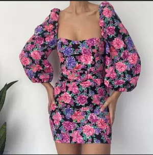 floral print sweetheart neckline Puffsleeve longsleeve mini dress thumbnail 1