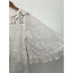 Champagne & Strawberry Floral Blouse Boho Sheer Flowy Lace Top Bell Sleeves L thumbnail 5