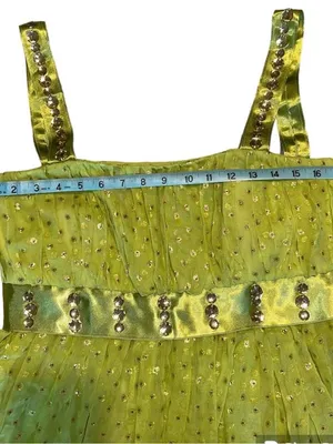 VTG Y2K Green & Gold Custom Handmade Rhinestone Dress Size Small thumbnail 5