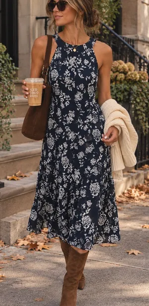 Tommy Hilfiger Navy and White Floral Halter Midi Dress thumbnail 1