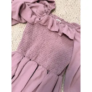 Joyfolie Boho Odette Dress Mauve High Low Maxi Smocked Ruffle Off Shoulder L thumbnail 7