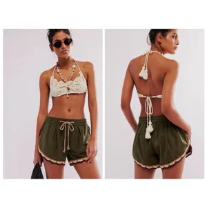 Free People Coastal Cruise Olive Green Crochet Trim Boho Pull On Shorts S/M NWT thumbnail 2