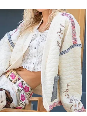 POL Cream Quilted Embroidered Jacket in Ivory Like New Bohemian Sz L thumbnail 3