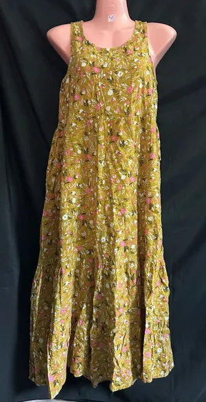 Floral Tiered Lightweight Maxi Dress in Mustard with Pink Floral Print SM thumbnail 1