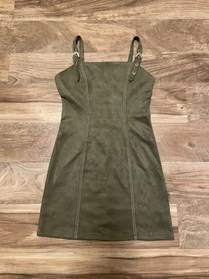 AUW Olive Green Faux Suede Mini Overall Dress with Silver Buckles Size Small thumbnail 3