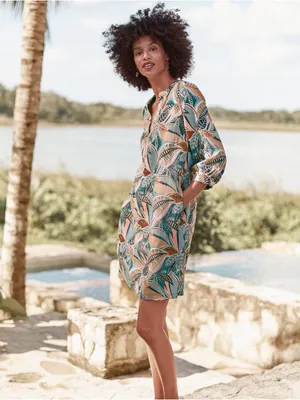 Garnet Hill Women’s Linen Artist Smock Dress Leaf Print Multicolor Summer Relaxe thumbnail 2