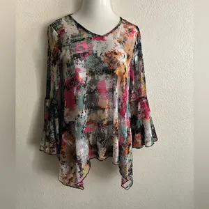 Dor Dor Couture Multicolor Abstract Sheer Mesh Hankerchief Hem Long Bell SleeveM thumbnail 2