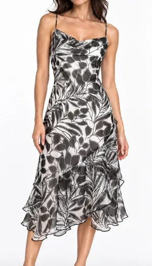 B. Smart Vintage Y2K Floral Midi Dress Size 4 Asymmetrical Ruffle Black White thumbnail 1