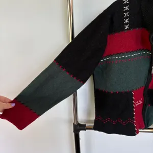 90's Wool Patchwork Jacket Boxy Zip Up Grandma Sweater Black Embroidered XL thumbnail 4
