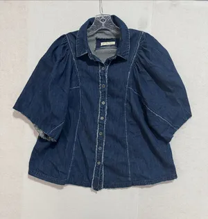 We The Free Boho Indigo Suhrie Denim Puff-Sleeve Button Front Oversized Shirt thumbnail 1