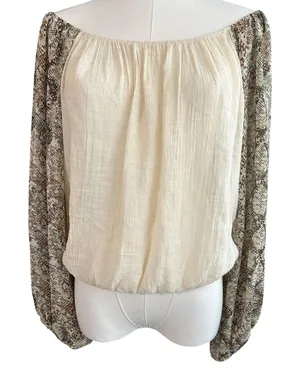 Blu Pepper Crop Top Boho Off Shoulder Snake Skin Balloon Sleeves Y2K Women Large thumbnail 1