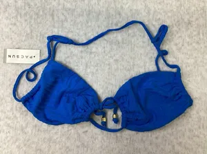 PacSun Blue Zebra Textured Triangle‎ Bikini Top Gold Bead Detail NWT Large thumbnail 1