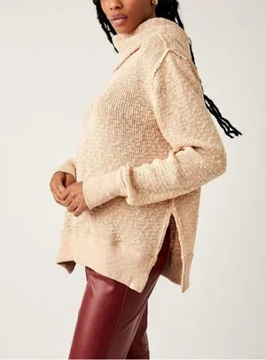Free People We The Free Tommy Turtleneck Textured Sweater Toasted Almond Beige M thumbnail 1